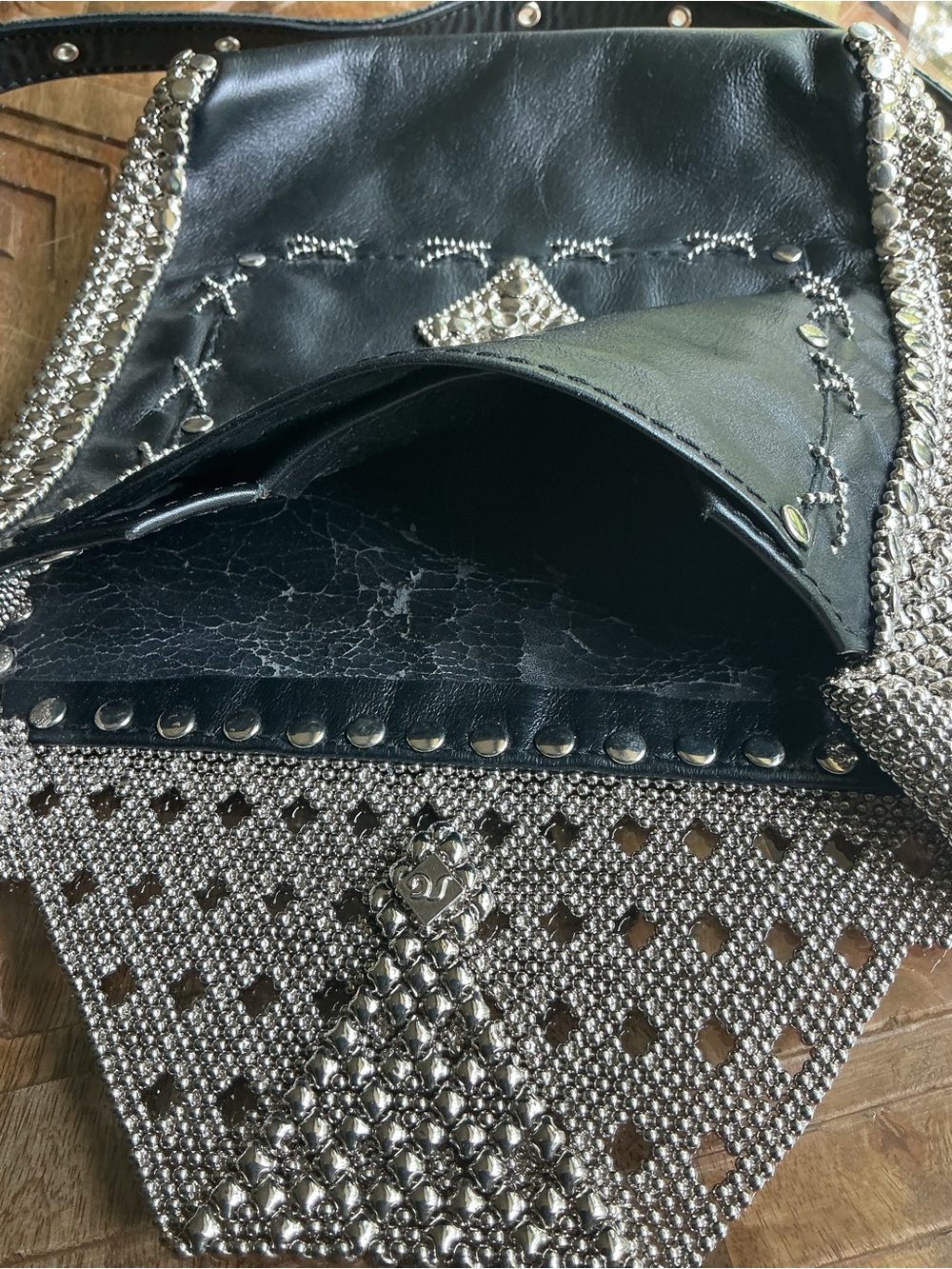 Liquid Metal by Sergio Gutierrez , Black Leather Crossbody Bag, Chrome Detail - Picture 5 of 5